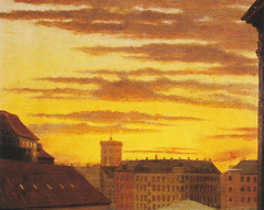 View of roofs at Havnegade and the Nikolai tower. by Peder Severin Krøyer