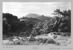 Waldige Hügellandschaft mit erlegtem Hirsch im Vordergrund by August Bromeis