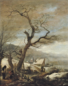 Winter landscape with woodcutters and travellers on a path to a village by Philips Wouwerman