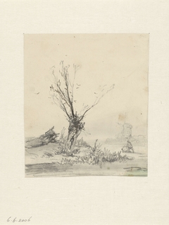 Wintergezicht met knotwilg en man met slee by Johannes Franciscus Hoppenbrouwers