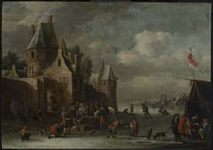 Winterlandschaft mit Schlittschuhläufern vor den Mauern einer Stadt by Dirk Maas