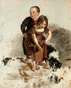 A Boy and a Girl with a Collie Dog Standing by a Stream (study for 'The Covenanters' Baptism') by George Harvey