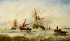 A damaged brig being towed into harbour by John Callow