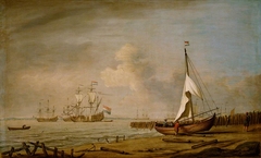 A fishing pink hauled up on the beach in a fresh breeze on the Dutch coast by Willem van de Velde the Younger