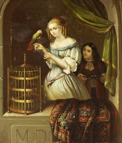 A Girl with a Parrot by after Caspar Netscher