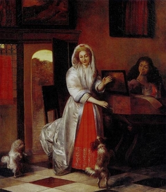 A Lady and a Gentleman making Music with dancing Dogs by Pieter de Hooch