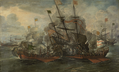 A naval battle scene between the Spaniards and Turks. by Juan de la Corte