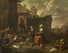 A Woman and a Girl tending Poultry by Abraham Willemsens