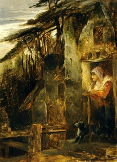 A Woman standing in the Doorway of a Cottage talking to Old Man by a Fence by Anonymous