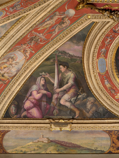 Allegory of Cortona; to the bottom, view of Montecarlo by Giorgio Vasari