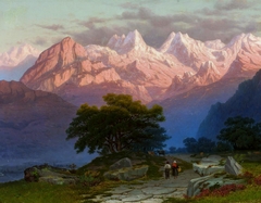 Alpine landscape with staffage by Joseph Marszewski