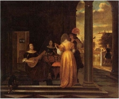 An Elegant Company Making Music in a Vestibule, with a View of a City by Pieter de Hooch