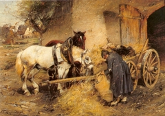 Bauer füttert seine Pferde by Friedrich Eckenfelder