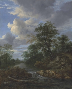 Bebost rivier landschap met rustende familie by Jacob van Ruisdael