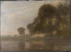 Bend in the Gein with poplars, three isolated, and farm woman with cows by Piet Mondrian