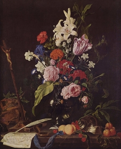 Blumenstilleben mit Totenkopf und Kruzifix by Jan Davidsz. de Heem