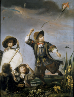 Boys Flying Kites / Children playing with a kite by Justus de Gelder