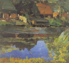 Buildings along the water with a wash stoop by Piet Mondrian