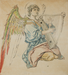 Cardboard for the Polychromy in the St Mary's Church – Figure of an Angel Playing the Lute by Jan Matejko