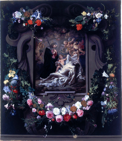 Cartouche with flowers, surrounding the dead Christ mourned by the Virgin and Cherub by Daniel Seghers