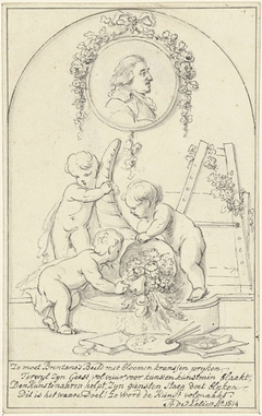 Decoratief ontwerp met putti met hoorn des overvloeds met een portret van Josephus Augustinus Brentano by Adriaan de Lelie