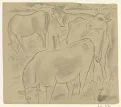 Drie koeien en een paard in een weiland by Leo Gestel