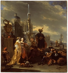 Elegant company in a mediterranean harbour by Nicolaes Pieterszoon Berchem