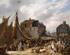 Embarquement de bestiaux sur le "Passager" dans le port de Honfleur by Auguste-Xavier Leprince