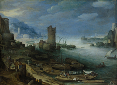 Flußlandschaft mit Turmruine by Paul Brill