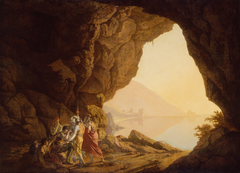 Grotto by the Seaside in the Kingdom of Naples with Banditti, Sunset by Joseph Wright of Derby