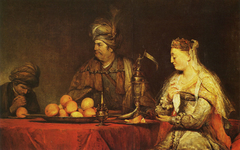 Haman and Ahasuerus at the Feast of Esther (two paintings) by Arent de Gelder