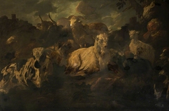 Herdsman sleeping amidst his Sheep, Goats and Cattle by Philipp Peter Roos