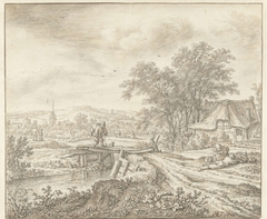 Heuvellandschap met een boerderij bij een bruggetje by Herman Saftleven