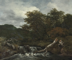 Hilly wooded landscape with a waterfall by Jacob van Ruisdael