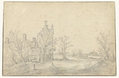 Hoog gebouw in een landschap by Unknown Artist