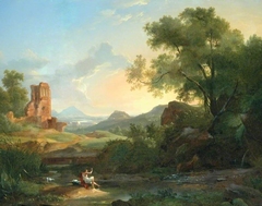 Landscape with a man frightened by a serpent among ruins by Achille Etna Michallon