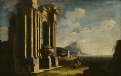 Landscape with Roman Ruins and Figures by Leonardo Coccorante