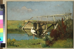 Landscape with stork and wooden bridge by Piet Meiners