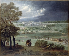 Le Château Neuf de Saint-Germain-en-Laye et les jardins, vus de la rive droite de la Seine ; lors de la reconstruction de la grande terrasse et du grand parterre, entre le 1er mars 1664 et le 17 mars 1665. by Adam Frans van der Meulen