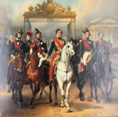 Le roi Louis-Philippe escorté de ses fils sort à cheval par la grille dorée de la grande cour du palais de Versailles by Léon Bazille Perrault