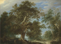 Oak forest with hunting scene by Alexander Keirincx