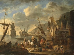 Oriental merchants in an imaginary Mediterranean port by Jan Baptist van der Meiren