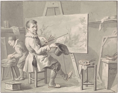 Portret van Joost Corneliszn. Droochsloot in zijn atelier zittende achter een ezel met landschap by Martinus Schouman