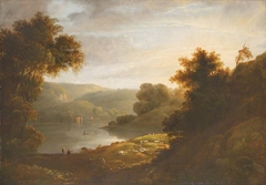 River Landscape with Sheep on Near Bank and Boat House on Far Bank by Anonymous