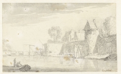 Rivierlandschap met rechts de muren van een stad by Unknown Artist