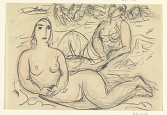 Schetsblad met twee naakte vrouwen aan het water by Leo Gestel