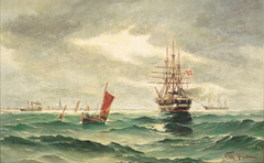 Ships off a Town at the Coast. by Vilhelm Bille