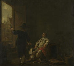 Signboard of a wineshop: tasting the wine (one side); barreling the wine (other side) by Aelbert Cuyp