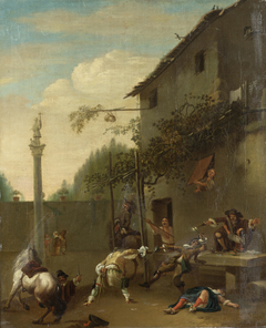 Soldiers fighting outside an inn by Roeland van Laer