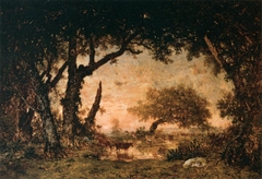 Sortie de forêt à Fontainebleau, soleil couchant by Théodore Rousseau